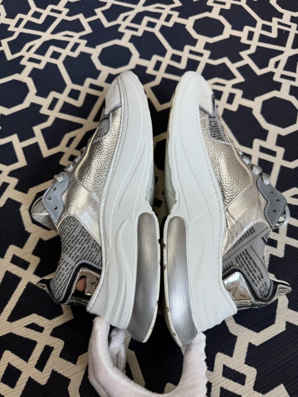 John Galliano Newspaper Chunky Sneakers White Silver Metallic Leather Size 41/10 - Picture 9 of 13
